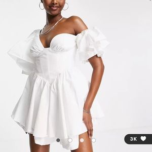 ASOS LUXE one shoulder cotton dress with corset detail and ruffles in white